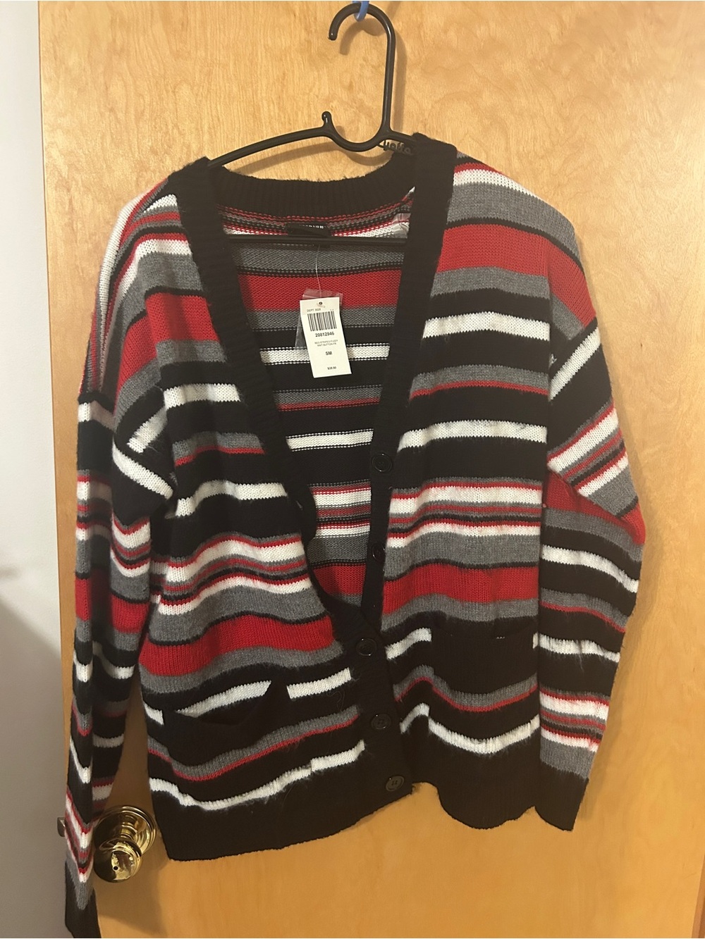 Hot Topic Social Collision Striped Fuzzy Girls Cardigan red/black/white/gray